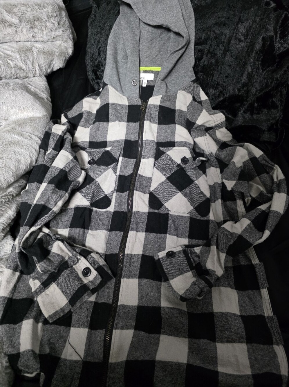 Men's Plaid Hooded Zip Shirt Jacket - Gray & Black Medium